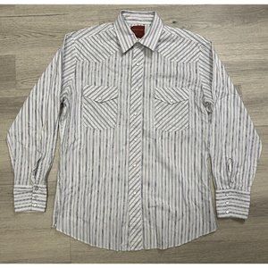 Rustler Western Shirt Mens L Blue Striped X Long Tails Pearl Snap Long Sleeve